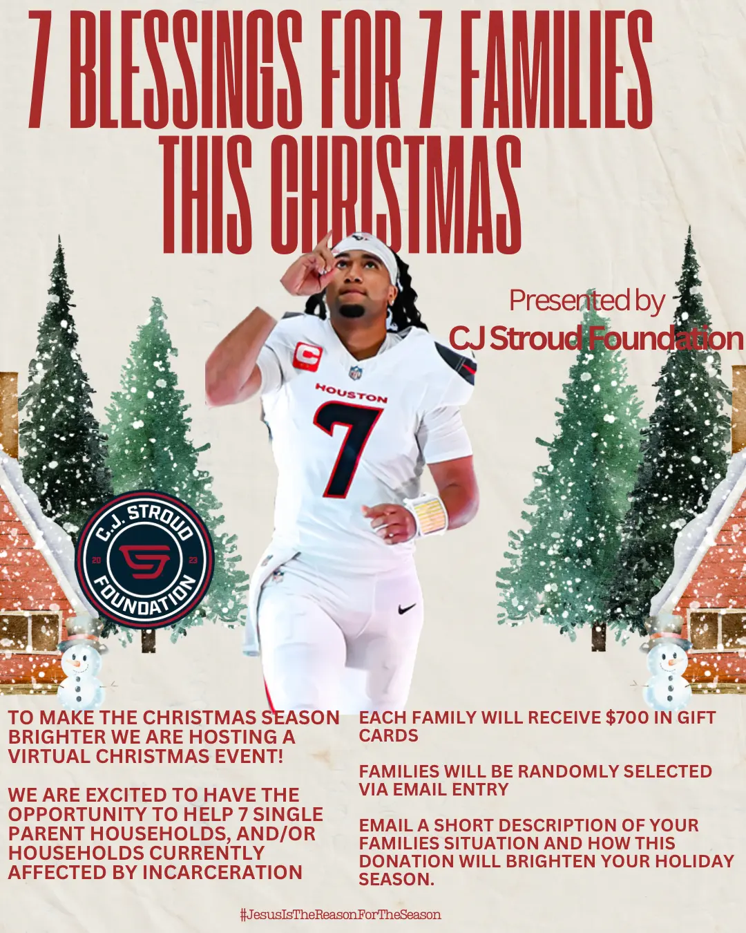 Football player promoting holiday family assistance event.