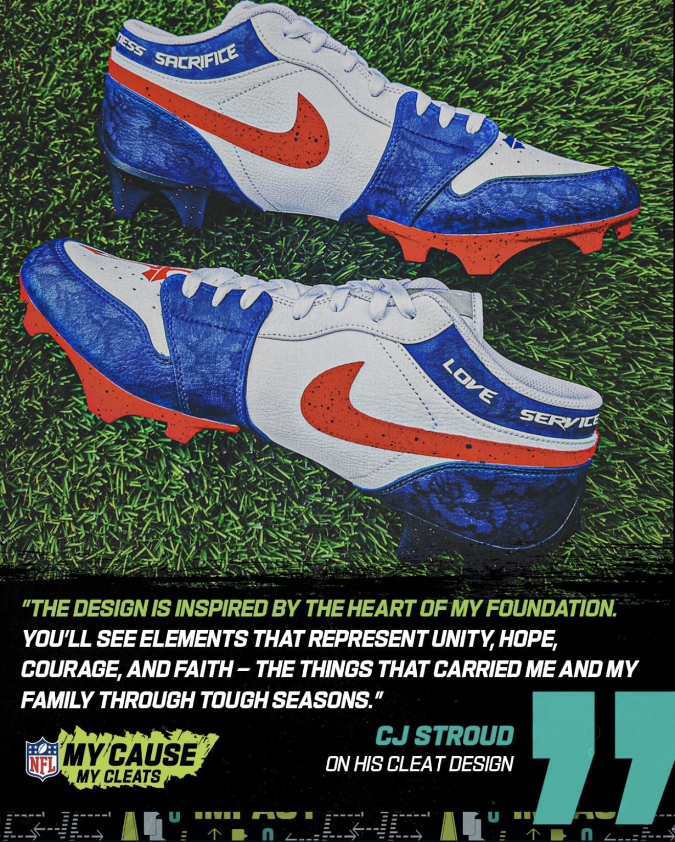 Football cleats with inspirational text design.